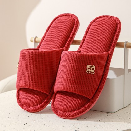 Chinese Wedding Red Bedroom Slippers with Four-Leaf Clover  结婚红色蝴四叶草网布拖鞋(一双)